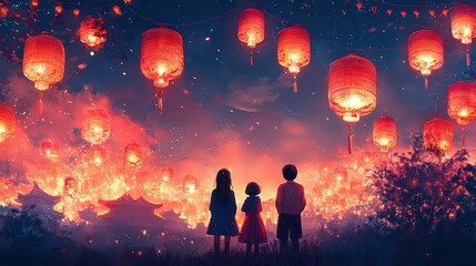 Obraz premium Three children gaze at glowing lanterns floating into the night sky, celebrating a magical lantern festival filled with warmth, tradition, and wonder.