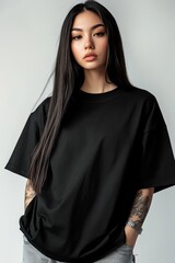 Stylish mockup of a plain black oversized t-shirt on a young woman, ideal for branding and design. Black T-shirt Mockup,Oversized Blank Shirt 