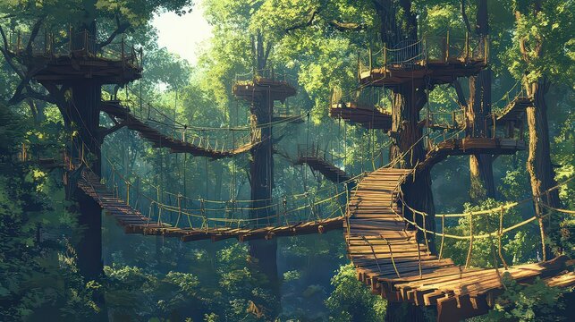 Fototapeta  Wooden treehouses connected by rope bridges high in a dense forest, creating a serene and adventurous retreat surrounded by nature.