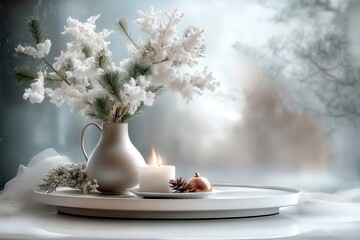 Christmas background - frosted holiday still life with candle, flowers and pine branches