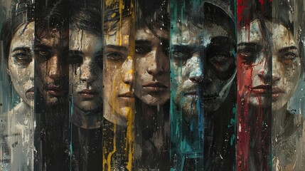 A series of captivating surreal portraits featuring enigmatic human figures rendered in a dramatic expressionistic digital painting style  The visually striking imagery evokes a sense of mystery