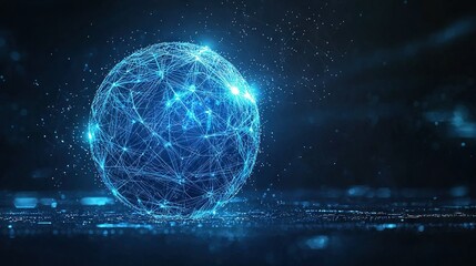 Obraz premium A sphere bathed in blue light occupies the center of a dark room