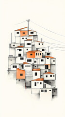 Naklejka premium Colorful abstract urban illustration of stacked houses with minimalistic line work and bold block colors, featuring intricate power lines and a geometric modern design
