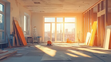 Sunlight filters into a large open construction site as renovations take place, revealing unfinished walls and materials scattered across the floor.