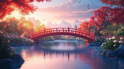 Obraz premium Stunning red bridge over a peaceful river at sunset, surrounded by vibrant trees. Captures the beauty of nature in full bloom.