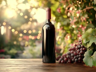 Wine bottle with grapevine branch on the wood table on vineyard background  