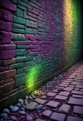 Obraz premium surreal and dreamlike, An industrial-style brick wall featuring intense green and purple lighting, with contrasting dark corners, creating depth and a sense of intrigue in the background., saturated, 