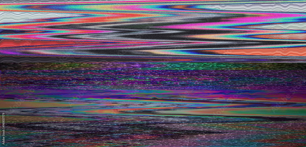Aufkleber Digital representation of a television screen with static interference, displaying various colored lines and patterns. A monitor that shows failures, malfunctions, and lack of a clear signal.