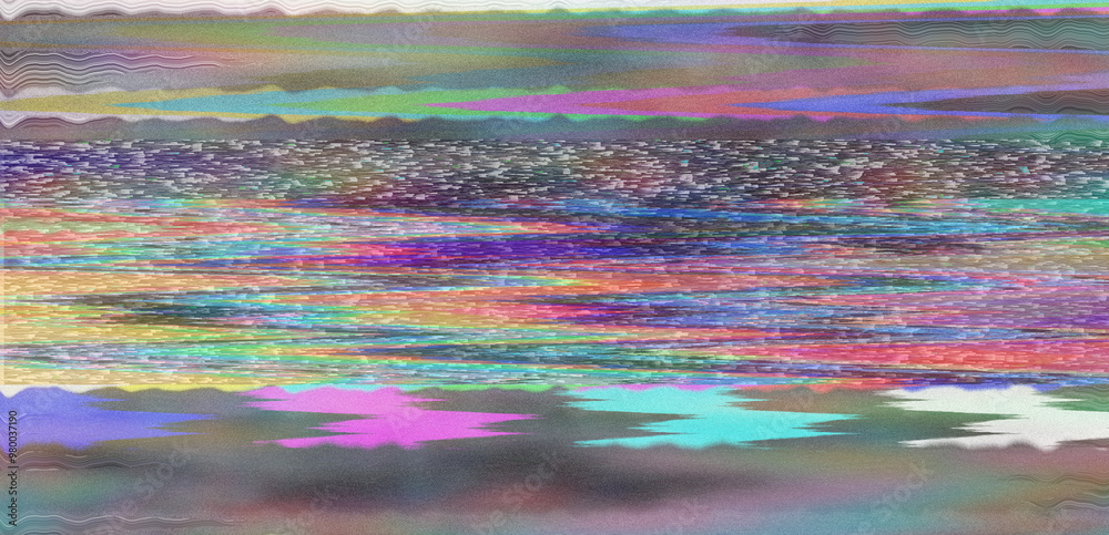 Aufkleber Digital representation of a television screen with static interference, displaying various colored lines and patterns. A monitor that shows failures, malfunctions, and lack of a clear signal.