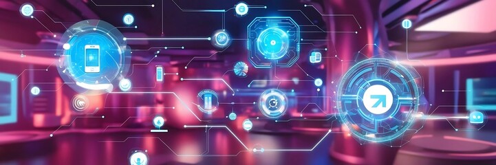 Obraz premium A high-resolution stock photo of a vibrant virtual environment showcasing interconnected futuristic technology devices. The scene features glowing digital networks, sleek electronic gadgets,
