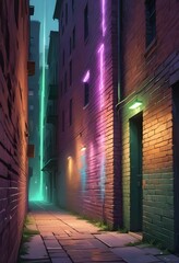 Fototapeta premium surreal and dreamlike, An industrial-style brick wall featuring intense green and purple lighting, with contrasting dark corners, creating depth and a sense of intrigue in the background., saturated, 