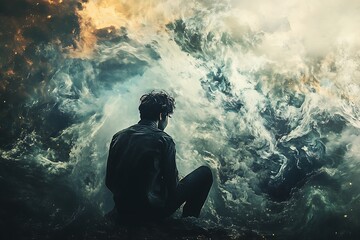 Obraz premium Silhouette of man sitting in front of cosmic nebula. Abstract concept of spirituality, contemplation, and the universe.
