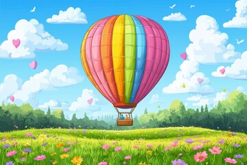 Naklejka premium Colorful Hot Air Balloon Soaring Over a Flowery Meadow