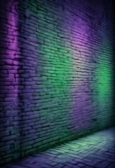 surreal and dreamlike, An industrial-style brick wall featuring intense green and purple lighting, with contrasting dark corners, creating depth and a sense of intrigue in the background., saturated, 