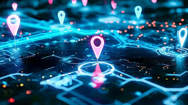Digital map with location pins representing GPS navigation and data tracking technology