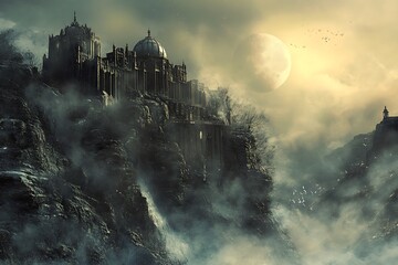Fototapeta premium Fantasy City on Mountaintop with Dramatic Clouds and Fog