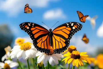 Fototapeta premium A butterfly garden, with a variety of flowers and butterflies floating above