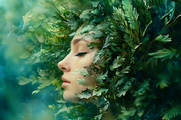 Woman with green leaves in her hair, nature beauty portrait. Spring, summer, fantasy concept.