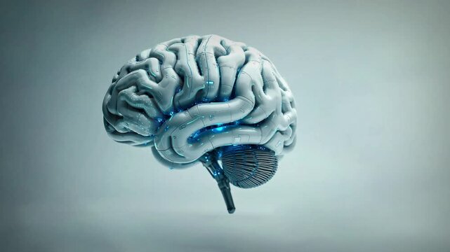 Cerebro artificial tecnol&oacute;gico estilo 3D con luces indicando actividad cerebral, en fondo con colores claros. 