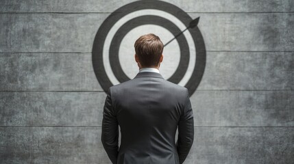 Obraz premium A businessman stands confidently in front of a target, symbolizing goal setting and success in a modern workspace.