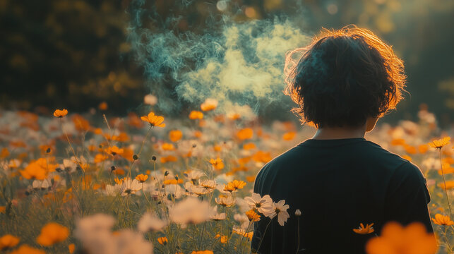 lonely man concept with field of flowers background, smoking, hair swaying with the breeze, nostalgic retro symbolizing spiritual beauty
