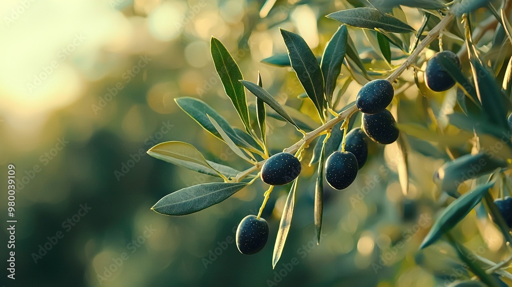 Poster    an olive tree's branch with green leaves and olives, against a focused background of trees