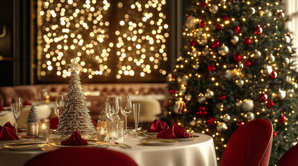 Christmas restaurant decorated, gold and light silver ball