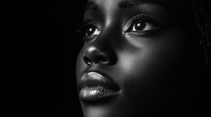 black and white portrait image of a black woman with a bruised eye. black background, instense contrast lighting