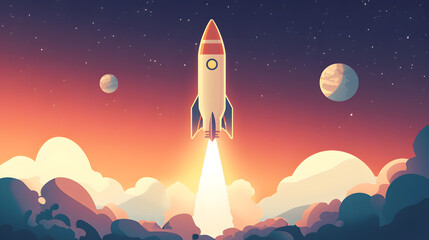 Obraz premium Rocket ship launching into space with a clear sky.