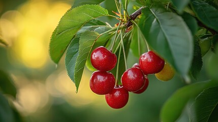   A cluster of cherries dangling from a tree with lush green foliage against a backdrop of vibrant yellow and red apples