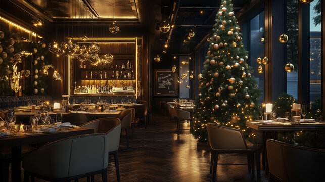 Christmas restaurant decorated, gold and light silver ball