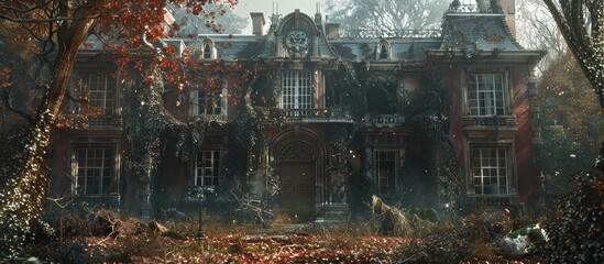 Naklejka premium Haunting Gothic Mansion Shrouded in Autumn Leaves and Eerie Atmosphere An old dilapidated and ominous mansion stands amidst a sea of fallen leaves