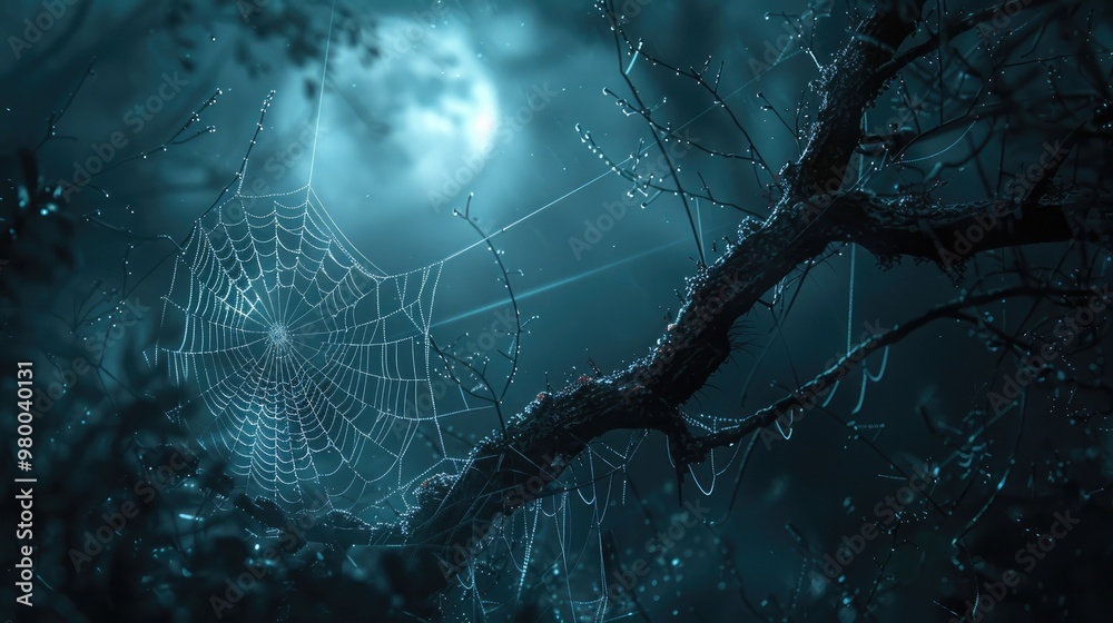 Wall mural haunting spiderweb silhouette hanging from the bare branches of a tree under the mysterious glow of 