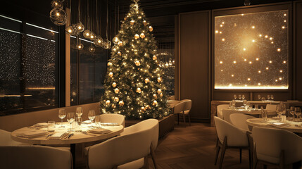 Christmas restaurant decorated, gold and light silver ball