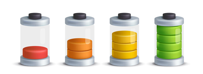 Battery charge indicator icons. Set of plasticine style symbols with discharged and fully charged battery. Power and energy. Realistic 3D vector illustration collection isolated on white background