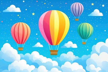 Fototapeta premium Colorful Hot Air Balloons Drifting Among Clouds and Stars