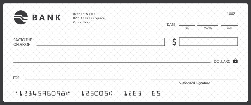 Bank check, vector blank money cheque, checkbook template with guilloche pattern and fields. Currency payment coupon, money check background