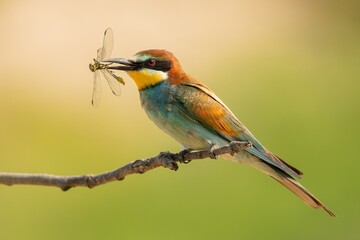 kingfisher on branch with a dragonfly