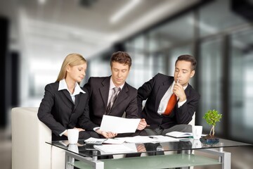 Business people conversation, teamwork in modern office.