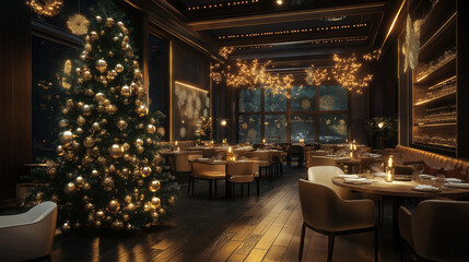 Christmas, restaurant, decorated, gold, silver, ball, holiday, festive