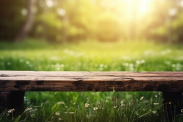 Naklejka premium A rustic wooden bench sits quietly in a lush green park, embraced by gentle sunlight and dotted with wildflowers on a tranquil afternoon