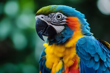 Fototapeta premium Close up of a Blue and Gold Macaw's head with bright feathers and a sharp beak. Colorful tropical bird in focus with blurred green background