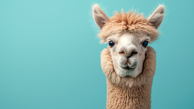 Adorable alpaca portrait with furry wool, blue background, and cute expression