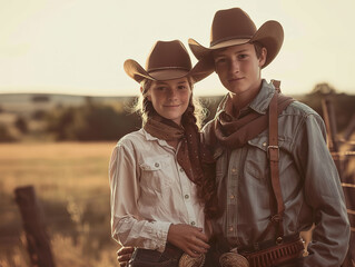 Two young people wearing cowboy hats and blue jeans stand in a field,