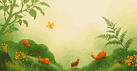 A forest bed of mystical critters and bugs, Pixel art fantasy style