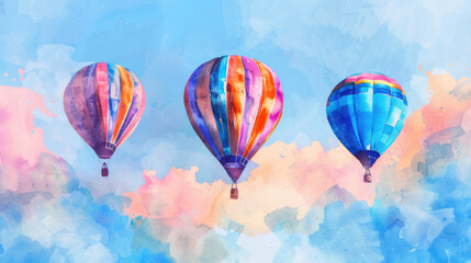 Obraz premium Three vibrant hot air balloons float gently in a clear blue sky, showcasing bright colors against a backdrop of soft, fluffy pastel clouds