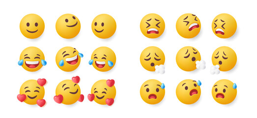 Set of 3d emoji. Emoticons expressing various emotions and feelings. Funny Yellow faces for communication on social networks. Realistic vector illustration collection isolated on white background