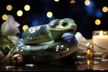 Fototapeta premium A captivating green snake rests on a decorated table illuminated by twinkling fairy lights, creating a warm and inviting atmosphere for guests