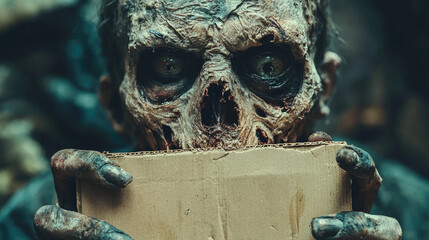Creepy zombie holds blank cardboard sign closeup, scary dead man and empty board on Halloween night. Theme of ads, horror, mockup, greeting