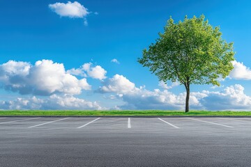 Fototapeta premium Car in an asphalt lot with a vacant spot nearby set against a backdrop of blue sky and white clouds emphasizing outdoor transport and a fresh green atmosphere